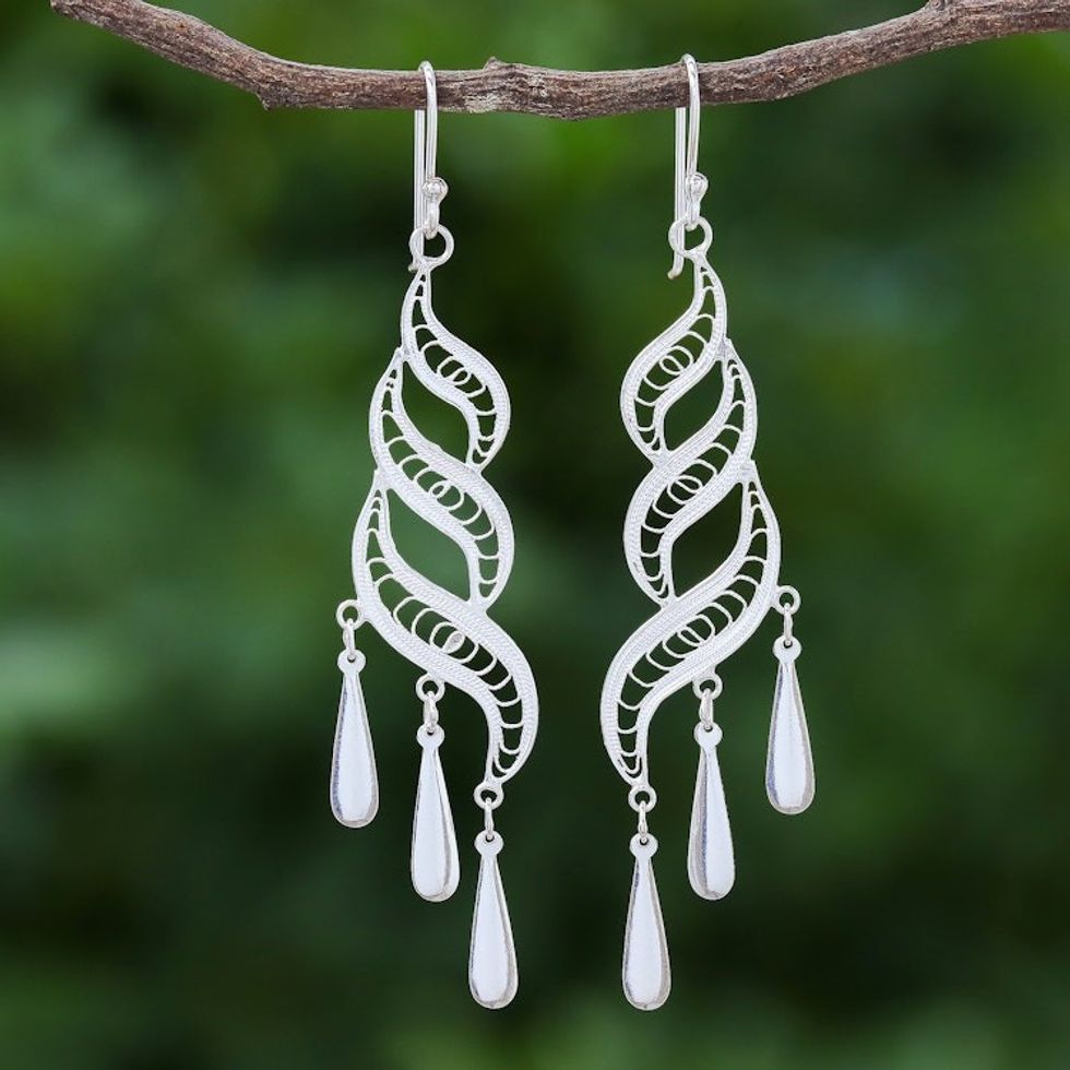 Handcrafted Sterling Silver Filigree Dangle Earrings 'Three Graces'