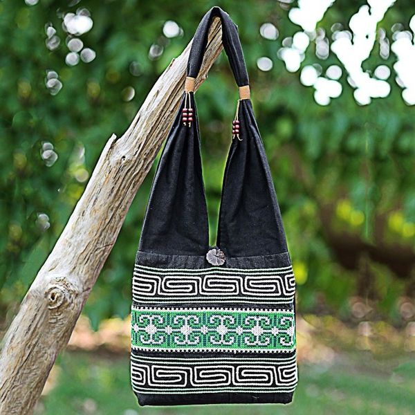 Alternate image for 100 Cotton Green Black Embroidered Shoulder Bag Thailand Forest Colors