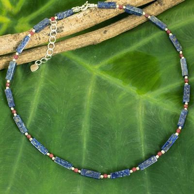 Alternate image for Lapis Lazuli Red Quartz and Sterling Silver Thai Necklace Navy Rose