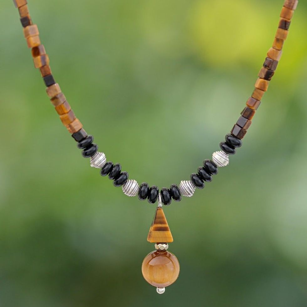 Handmade Tiger's Eye and Onyx Pendant Necklace 'Basking Beauty'