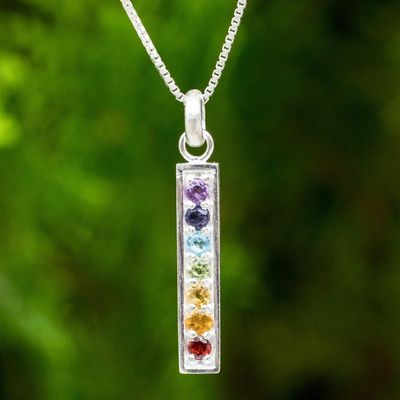 Alternate image for Multiple Gemstones on Sterling Silver Bar Chakra Necklace Chakra Honor