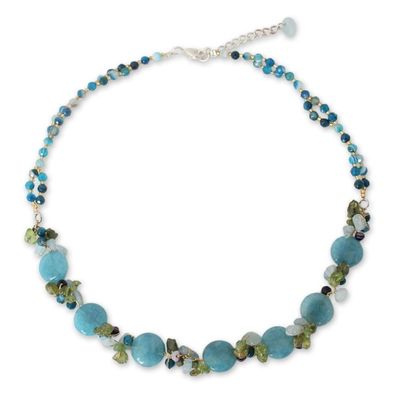 Alternate image for Artisan Crafted Beaded Aquamarine and Agate Necklace Light Blue Peonies