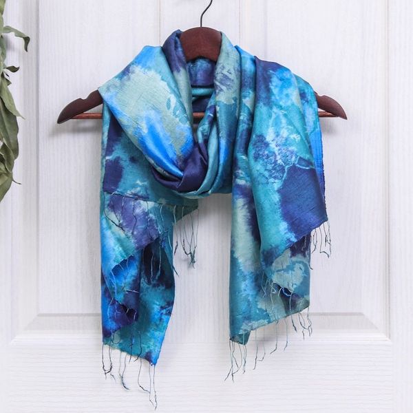 Alternate image for Dyed Blue Silk Shawl with Fringe Hand-Woven in Thailand Magical Sky