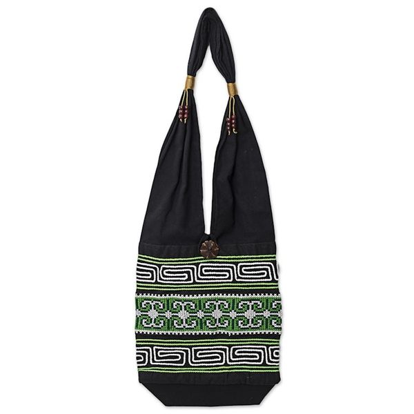 Alternate image for 100 Cotton Green Black Embroidered Shoulder Bag Thailand Forest Colors