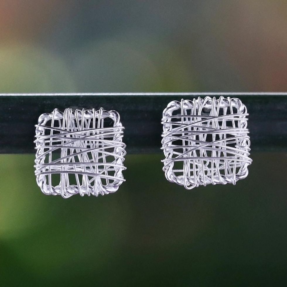 Sterling Silver Wrap Square Stud Earrings Made in Thailand 'Crisscross Square'