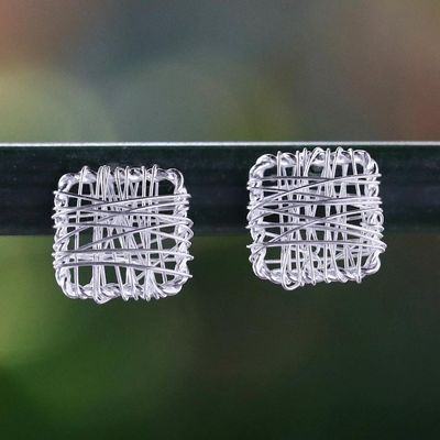 Alternate image for Sterling Silver Wrap Square Stud Earrings Made in Thailand Crisscross Square