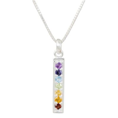 Alternate image for Multiple Gemstones on Sterling Silver Bar Chakra Necklace Chakra Honor