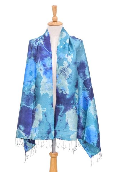 Alternate image for Dyed Blue Silk Shawl with Fringe Hand-Woven in Thailand Magical Sky