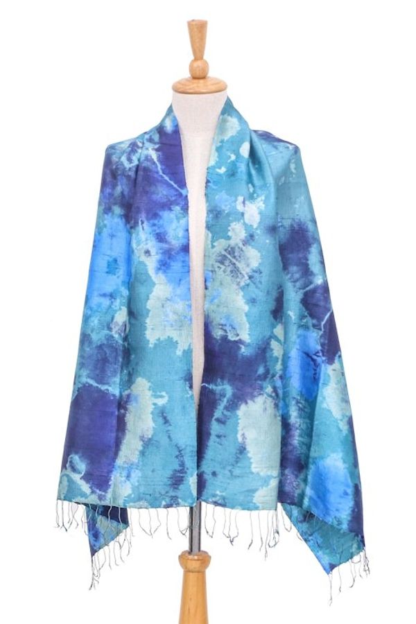 Alternate image for Dyed Blue Silk Shawl with Fringe Hand-Woven in Thailand Magical Sky