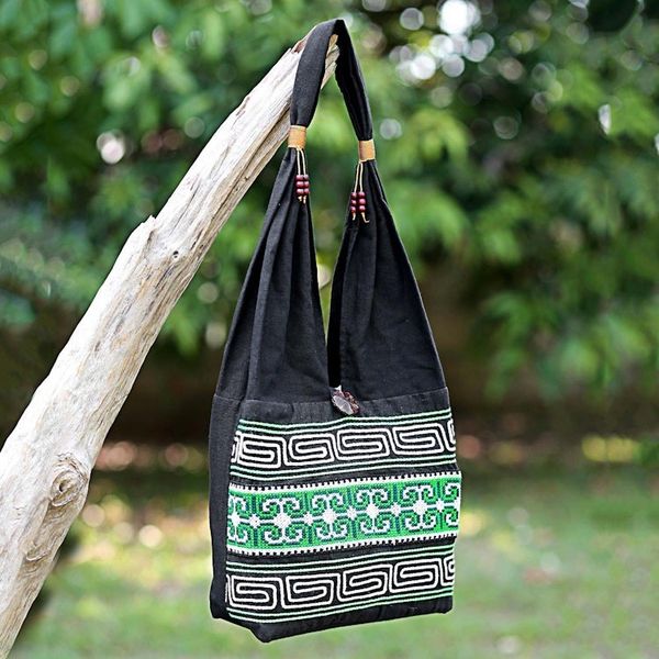 Alternate image for 100 Cotton Green Black Embroidered Shoulder Bag Thailand Forest Colors
