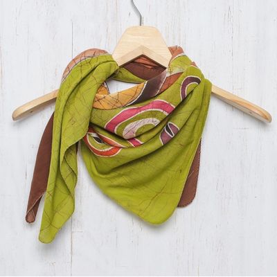 Alternate image for Hand Painted Thai Batik on Green Cotton Womens Scarf Elephant Family in Green