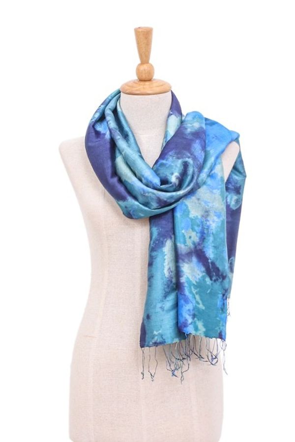 Alternate image for Dyed Blue Silk Shawl with Fringe Hand-Woven in Thailand Magical Sky