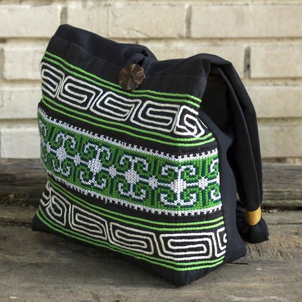 Alternate image for 100 Cotton Green Black Embroidered Shoulder Bag Thailand Forest Colors