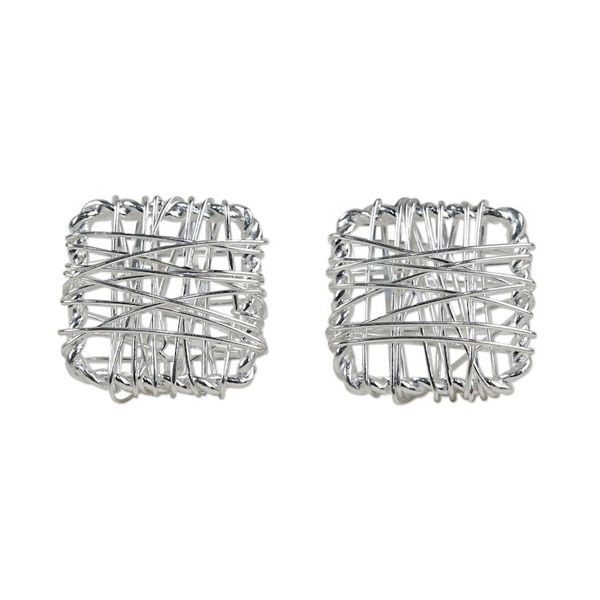 Alternate image for Sterling Silver Wrap Square Stud Earrings Made in Thailand Crisscross Square