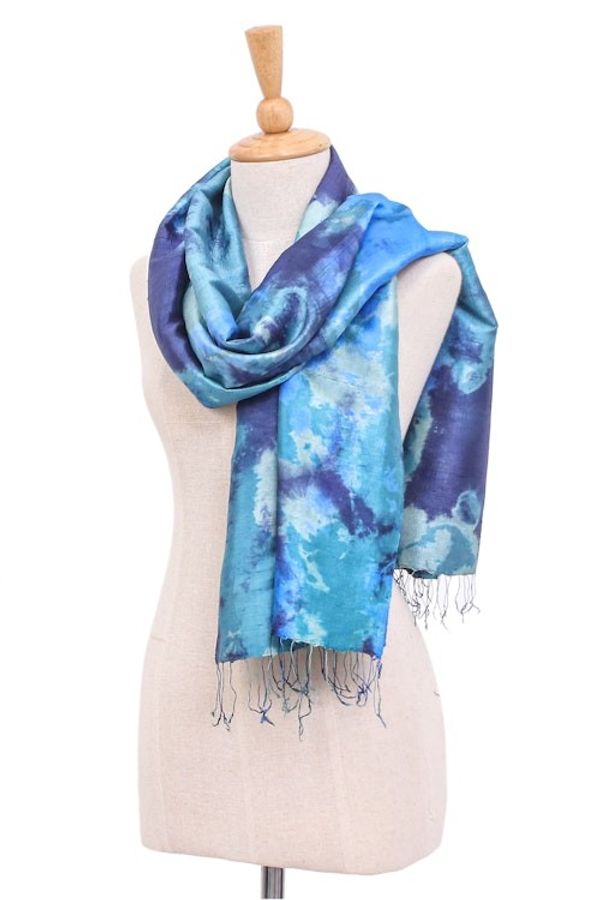 Alternate image for Dyed Blue Silk Shawl with Fringe Hand-Woven in Thailand Magical Sky
