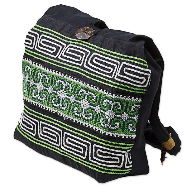 Alternate image for 100 Cotton Green Black Embroidered Shoulder Bag Thailand Forest Colors