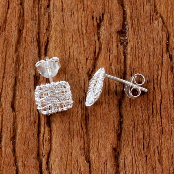Alternate image for Sterling Silver Wrap Square Stud Earrings Made in Thailand Crisscross Square
