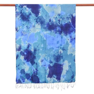 Alternate image for Dyed Blue Silk Shawl with Fringe Hand-Woven in Thailand Magical Sky