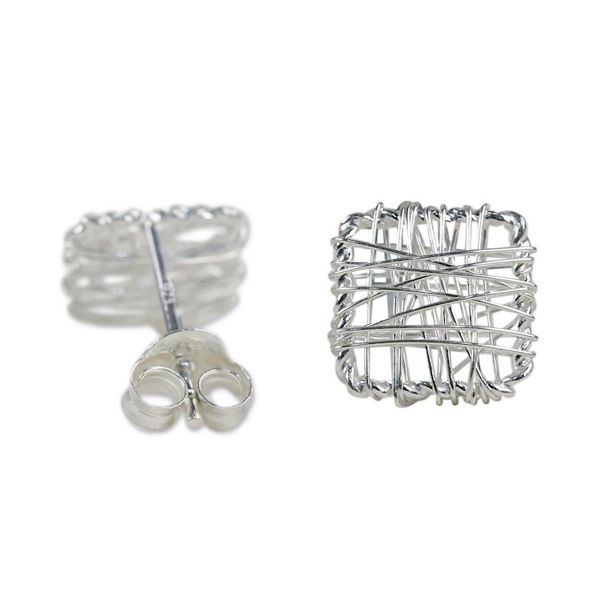 Alternate image for Sterling Silver Wrap Square Stud Earrings Made in Thailand Crisscross Square