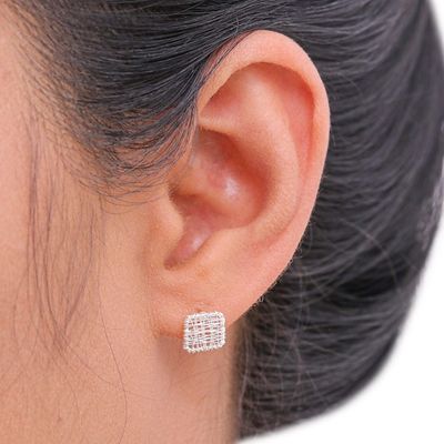 Alternate image for Sterling Silver Wrap Square Stud Earrings Made in Thailand Crisscross Square