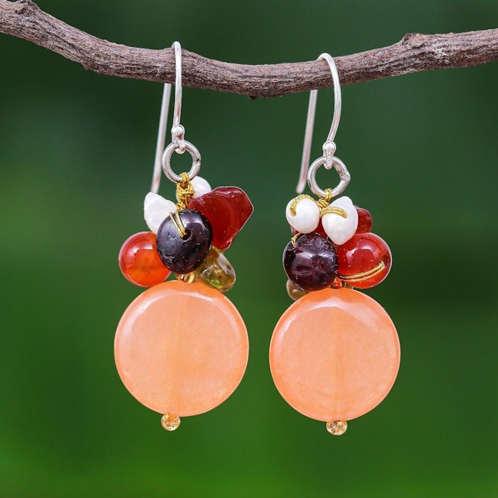 Multi-gemstone Sterling Silver Dangle Earrings 'Orange Love'