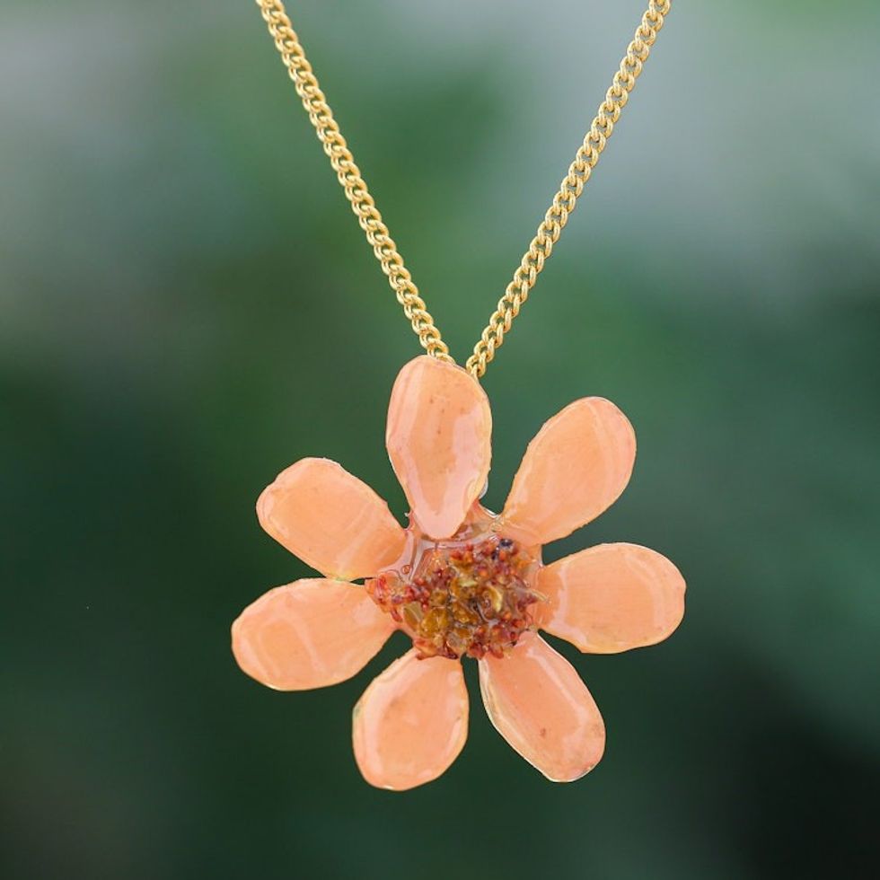 22k Gold Plated Pink Zinnia Flower Pendant from Thailand 'Zinnia Charm in Peach'