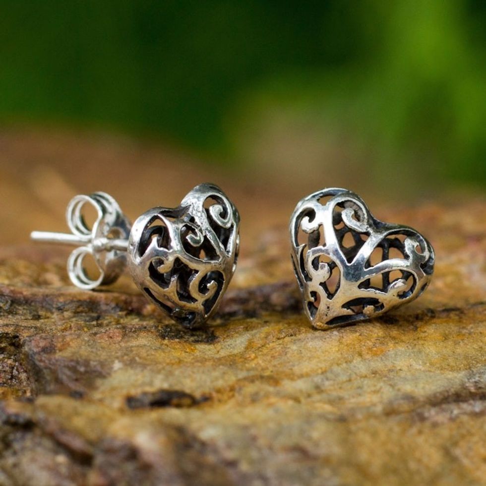 Hand Crafted Sterling Silver Filigree Heart Post Earrings 'Filigree Love'