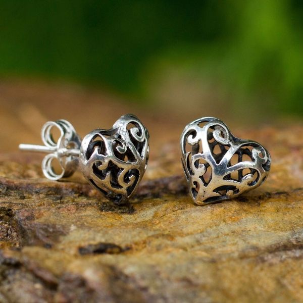 Alternate image for Hand Crafted Sterling Silver Filigree Heart Post Earrings Filigree Love