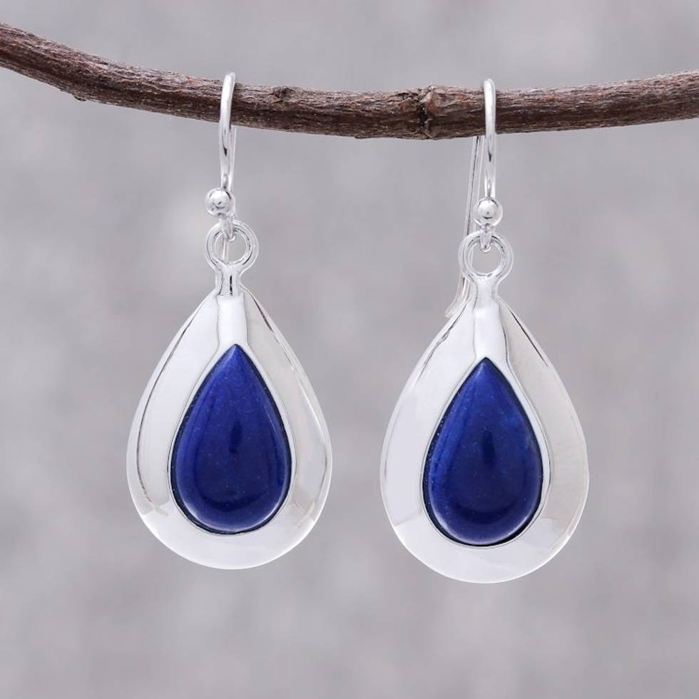 Rhodium Plated Lapis Lazuli Teardrop Dangle Earrings 'Precious Beauty'