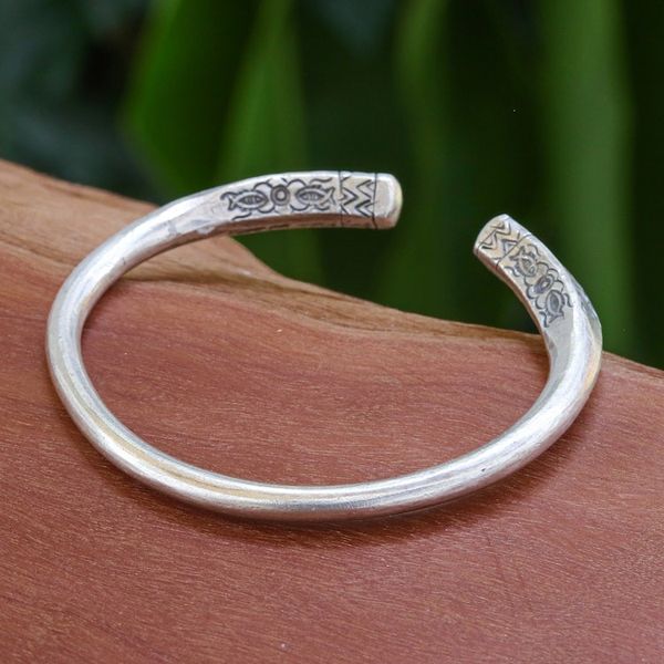 Alternate image for Polished Silver Cuff Bracelet with Hill Tribe Details Legacy Halo