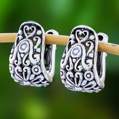 Alternate image for Floral Sterling Silver Hoop Earrings from Thailand Vintage Garden