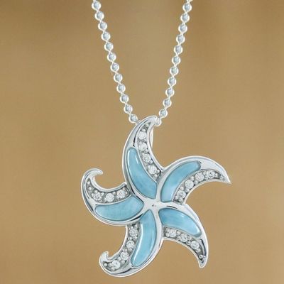 Alternate image for Larimar and Sterling Silver Starfish Pendant Necklace Starfish Sparkle