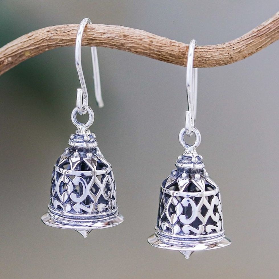 Fair Trade Sterling Silver Dangle Earrings 'Temple Bell'