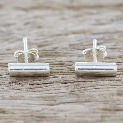 Alternate image for Handmade Sterling Silver Stud Earrings from Thailand Sleek Silver