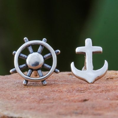 Alternate image for 925 Silver Nautical Stud Earrings Handcrafted in Thailand Setting Sail