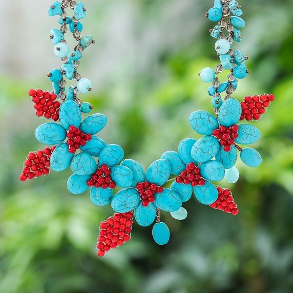 Alternate image for Floral Howlite and Quartz Beaded Statement Necklace Summer Blossoming
