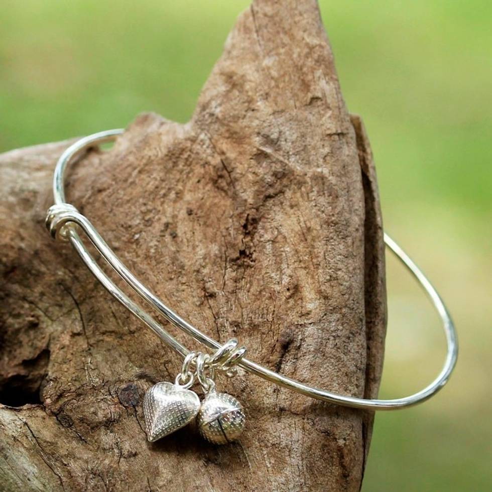 Sterling Silver Heart Shaped Charm Bracelet from Thailand 'Dimpled Heart'