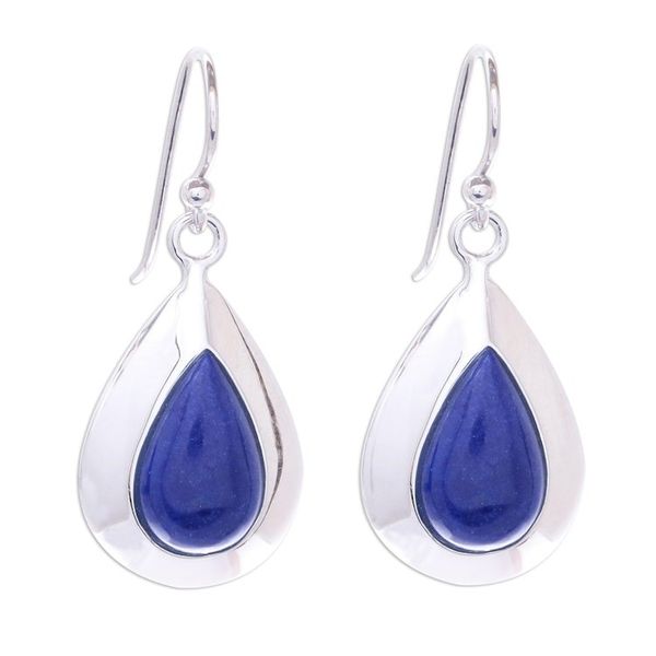 Alternate image for Rhodium Plated Lapis Lazuli Teardrop Dangle Earrings Precious Beauty