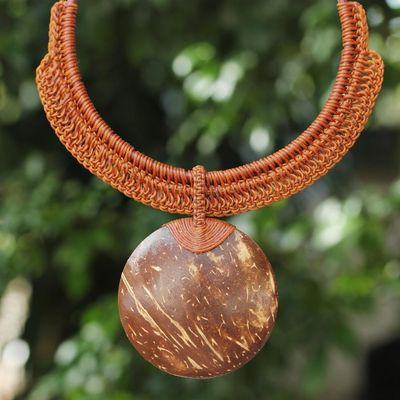 Alternate image for Burnt Orange Leather and Coconut Shell Statement Necklace Rustic Moon