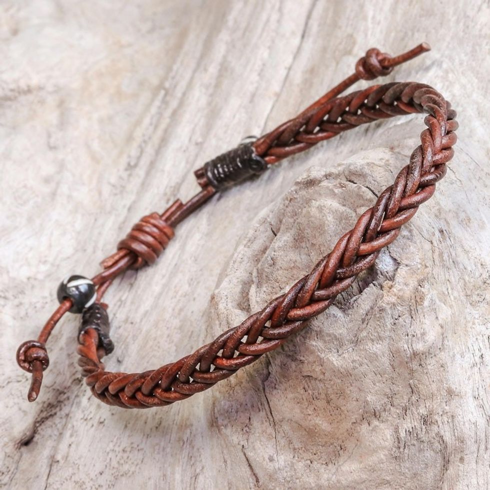 Cinnamon Brown Leather Braided Bracelet from Thailand 'Cinnamon Braid'