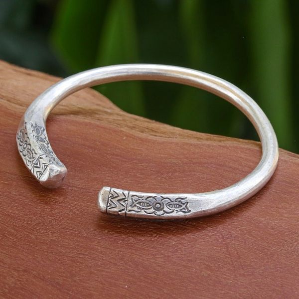 Alternate image for Polished Silver Cuff Bracelet with Hill Tribe Details Legacy Halo