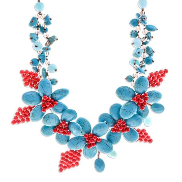 Alternate image for Floral Howlite and Quartz Beaded Statement Necklace Summer Blossoming