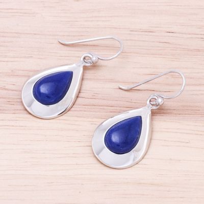 Alternate image for Rhodium Plated Lapis Lazuli Teardrop Dangle Earrings Precious Beauty