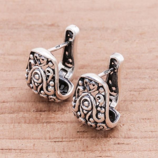 Alternate image for Floral Sterling Silver Hoop Earrings from Thailand Vintage Garden