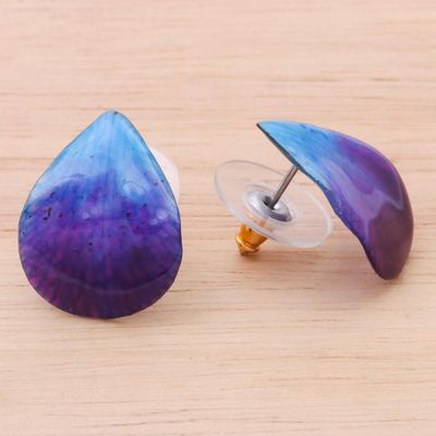 Alternate image for Hand Made Orchid Petal Button Earrings Orchid Kiss in Blue