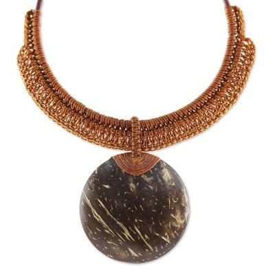 Alternate image for Burnt Orange Leather and Coconut Shell Statement Necklace Rustic Moon