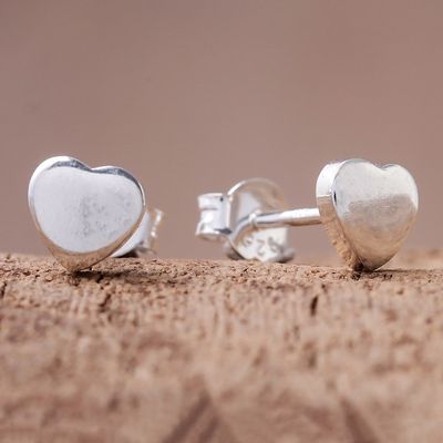 Alternate image for Heart-Shaped Sterling Silver Stud Earrings from Thailand Simple Hearts