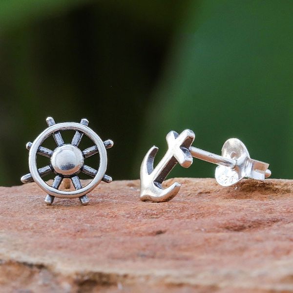 Alternate image for 925 Silver Nautical Stud Earrings Handcrafted in Thailand Setting Sail