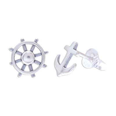 Alternate image for 925 Silver Nautical Stud Earrings Handcrafted in Thailand Setting Sail
