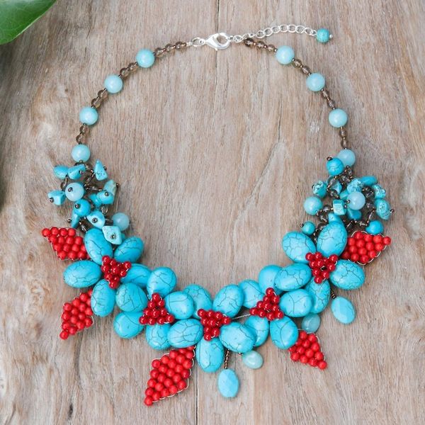 Alternate image for Floral Howlite and Quartz Beaded Statement Necklace Summer Blossoming